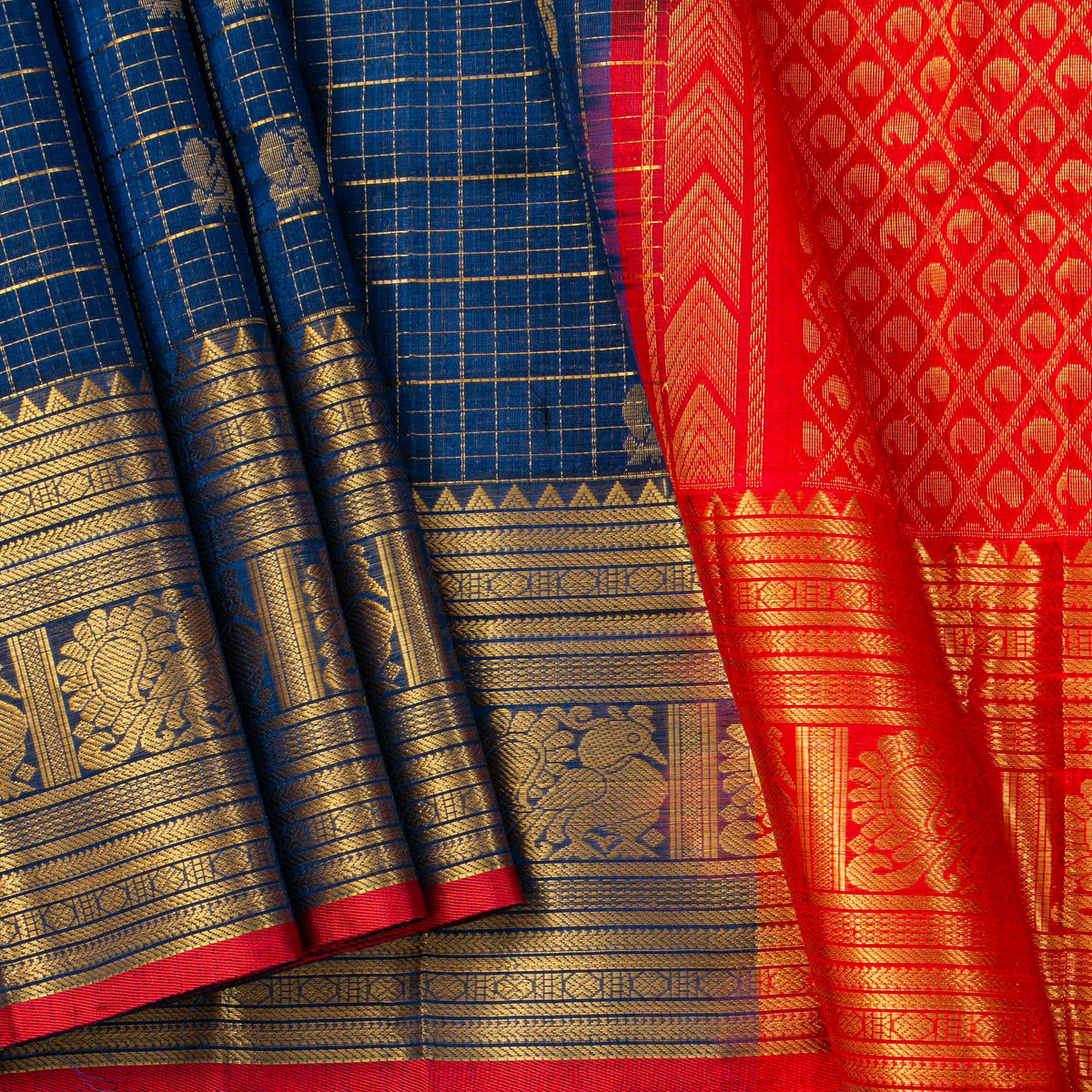 Blue And Red Kanchi Silk Cotton Saree For Festive Wear VP SC 240