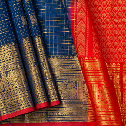 Blue And Red Kanchi Silk Cotton Saree For Festive Wear VP SC 240