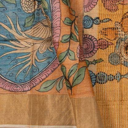 Orange Handpainted Kalamkari Tussare Silk Saree With Zari Border PTK VSR 131