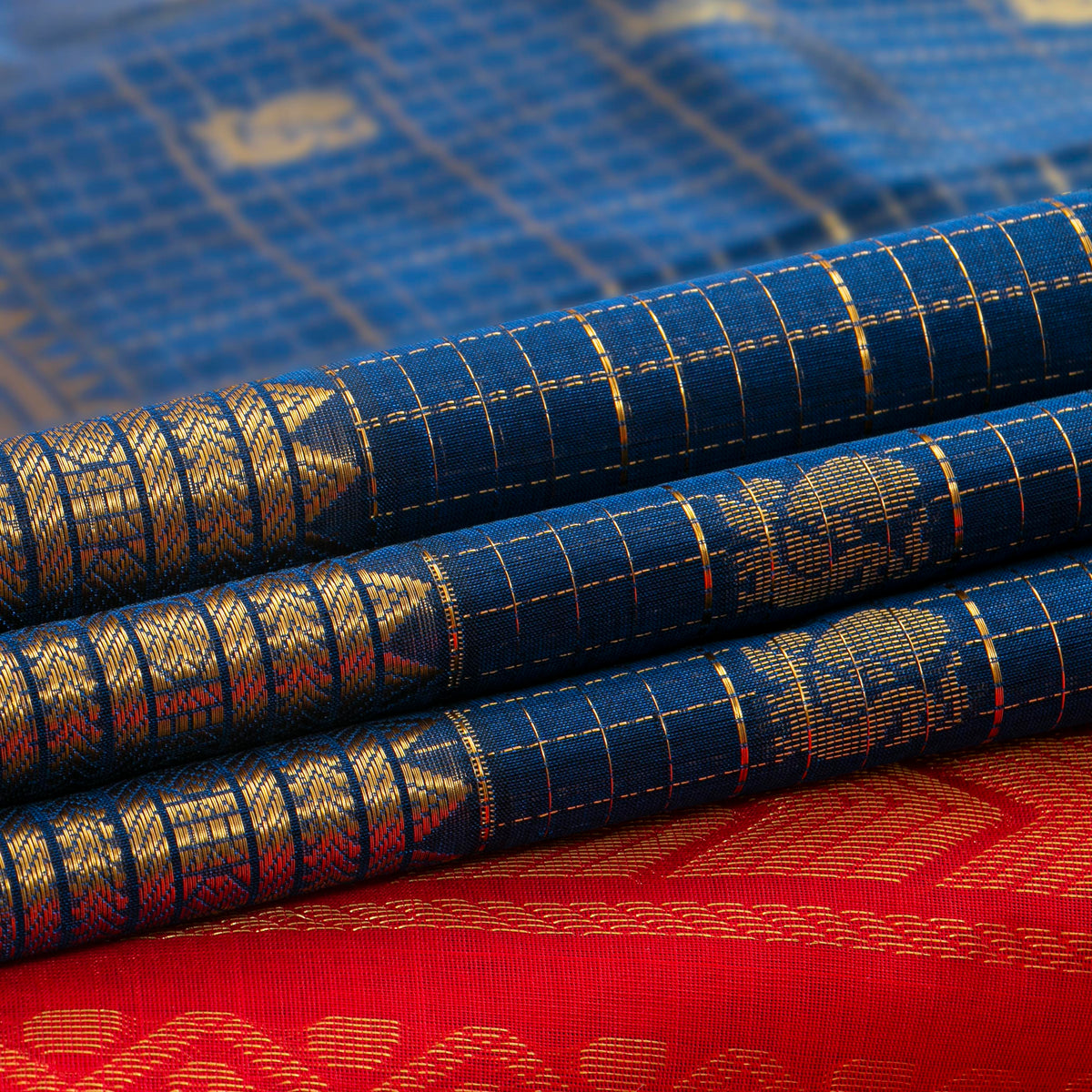 Blue And Red Kanchi Silk Cotton Saree For Festive Wear VP SC 240