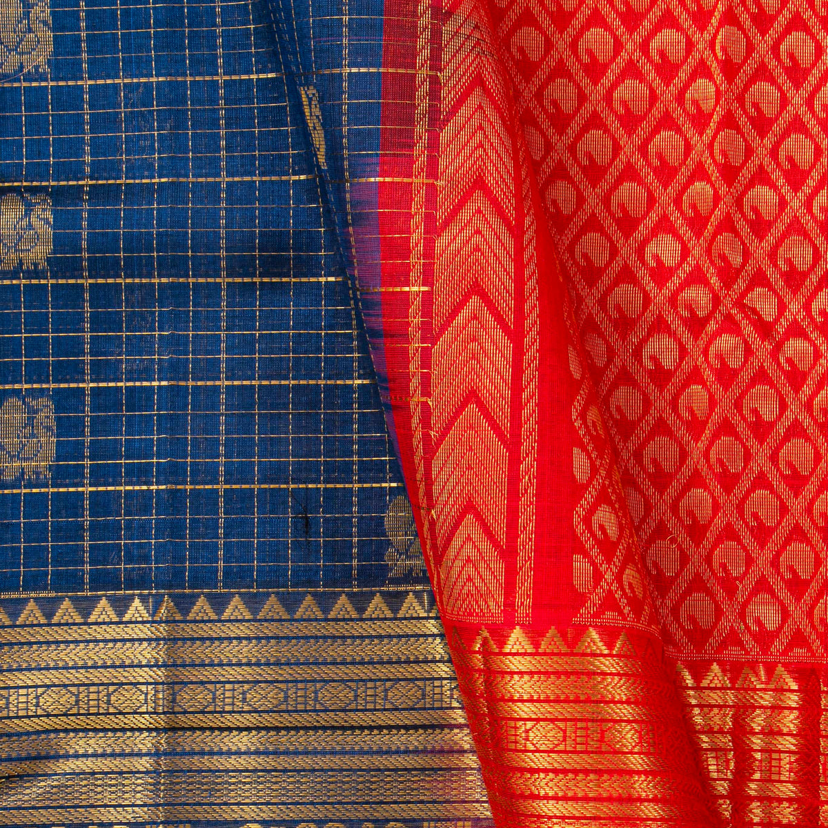 Blue And Red Kanchi Silk Cotton Saree For Festive Wear VP SC 240