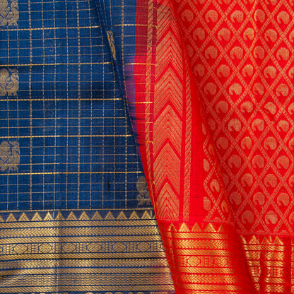 Blue And Red Kanchi Silk Cotton Saree For Festive Wear VP SC 240