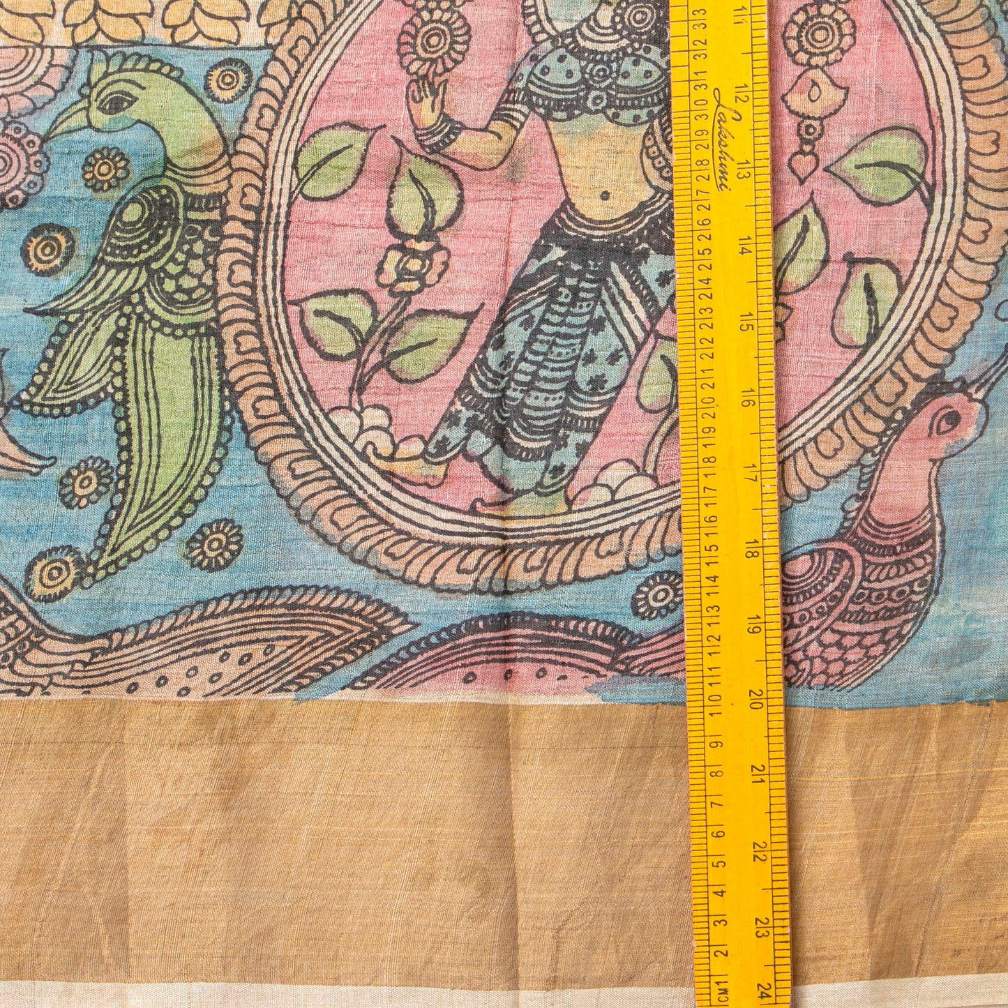Blue Handpainted Kalamkari Tussare Silk Saree With Zari Border PTK VSR 129