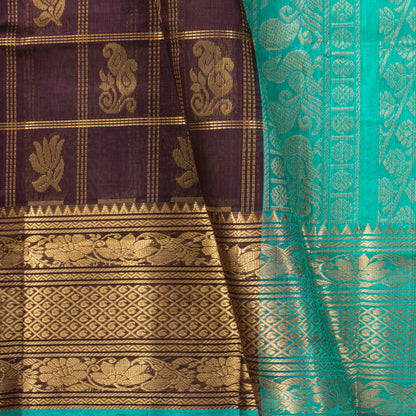 Brown And Turquoise Blue Kanchi Silk Cotton Saree For Festive Wear VP SC 241