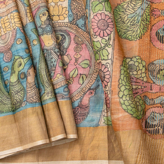 Blue Handpainted Kalamkari Tussare Silk Saree With Zari Border PTK VSR 129
