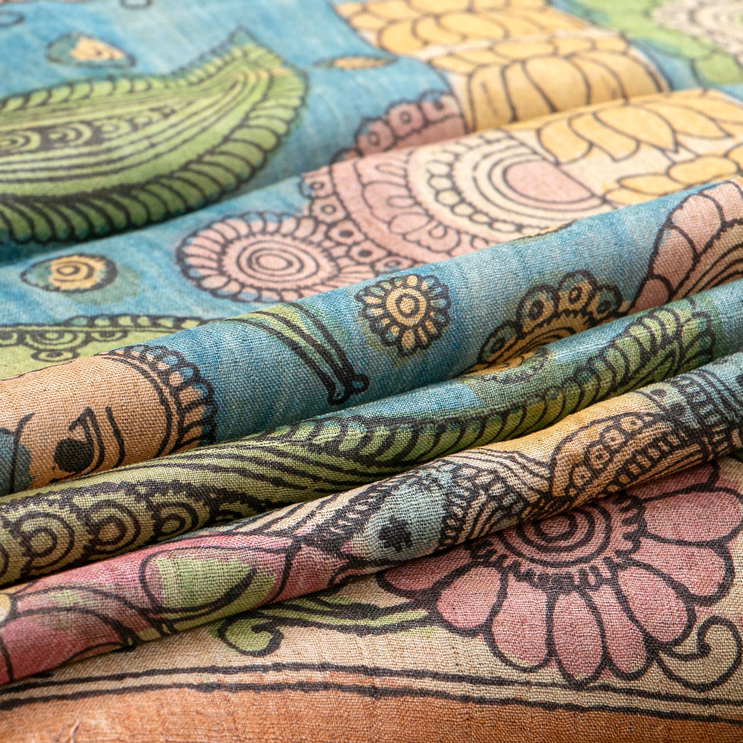 Blue Handpainted Kalamkari Tussare Silk Saree With Zari Border PTK VSR 129