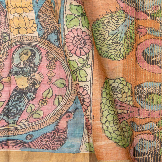 Blue Handpainted Kalamkari Tussare Silk Saree With Zari Border PTK VSR 129