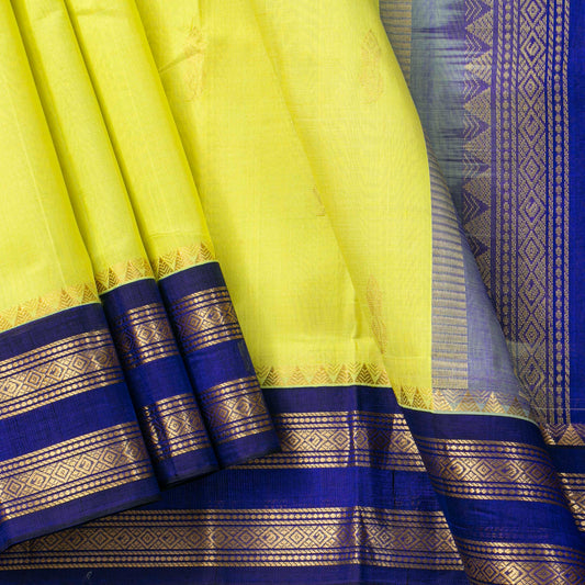 Lemon Yellow And Royal Blue Kanchi Silk Cotton Saree For Festive Wear VP SC 198