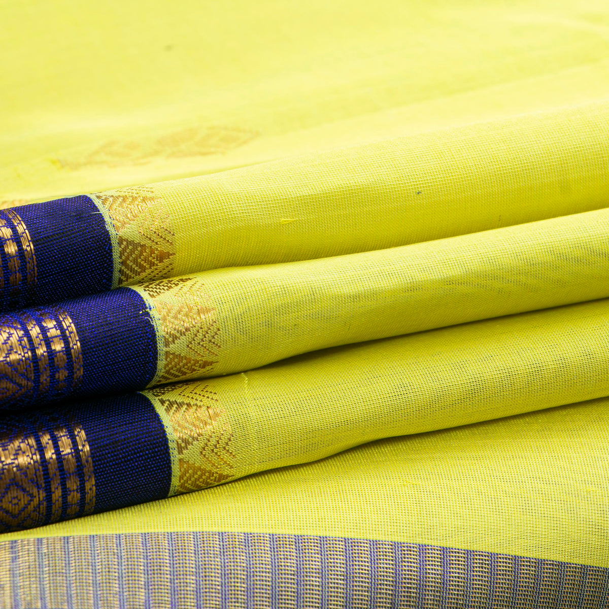 Lemon Yellow And Royal Blue Kanchi Silk Cotton Saree For Festive Wear VP SC 198