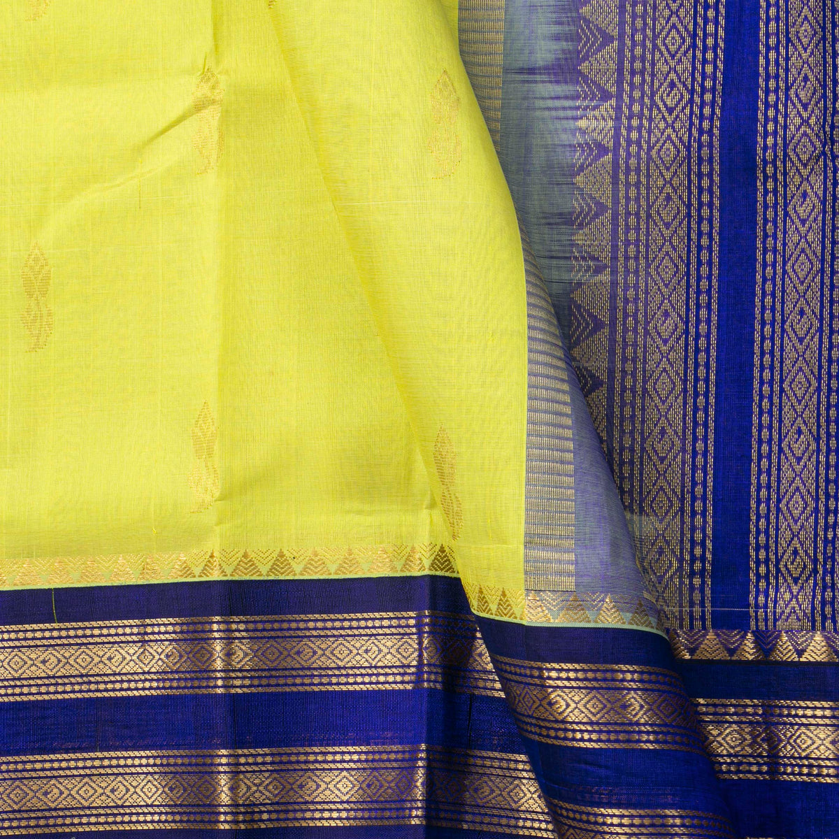 Lemon Yellow And Royal Blue Kanchi Silk Cotton Saree For Festive Wear VP SC 198