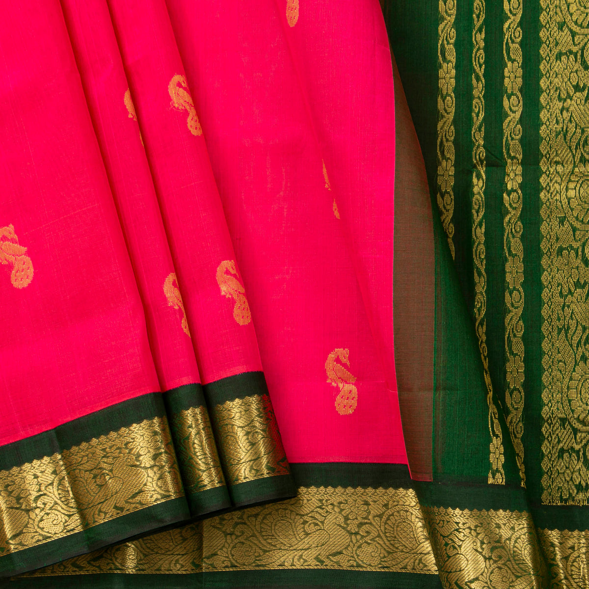 Pink And Green Kanchi Silk Cotton Saree For Festive Wear VP SC 197