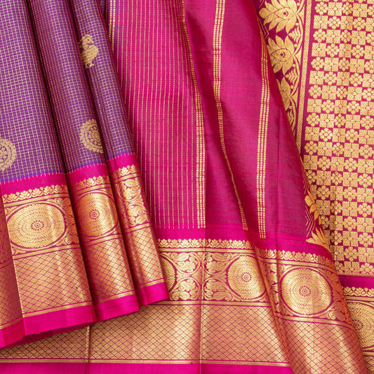 Purple And Pink Kanchipuram Silk Saree With Vaira Oosi Checks For Wedding Wear PV 2059