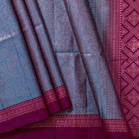 Blue And Magenta Handwoven Soft Silk Saree With Antique Gold Zari For Festive Wear PV RSP 211