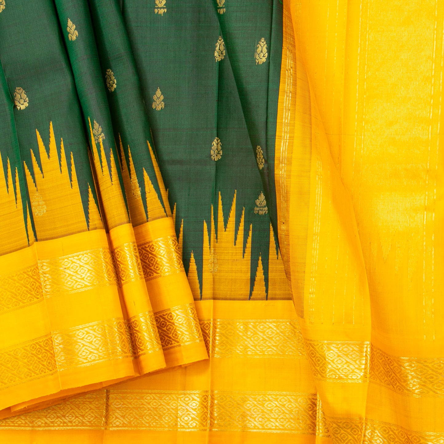 Green And Yellow Thirubuvanam Silk Saree For Festive Wear PV 2058