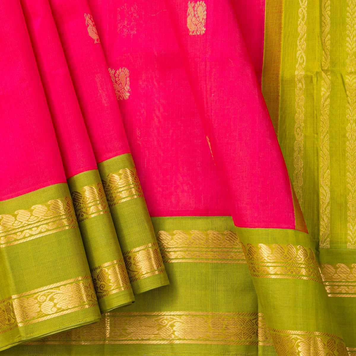 Pink And Green Kanchi Silk Cotton Saree For Festive Wear VP SC 195