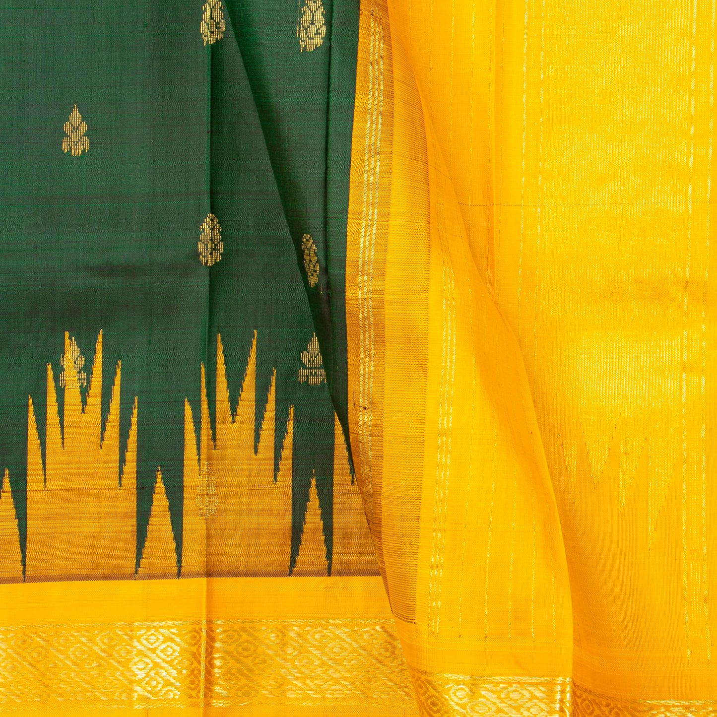 Green And Yellow Thirubuvanam Silk Saree For Festive Wear PV 2058