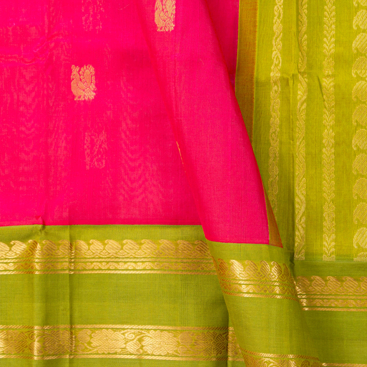 Pink And Green Kanchi Silk Cotton Saree For Festive Wear VP SC 195