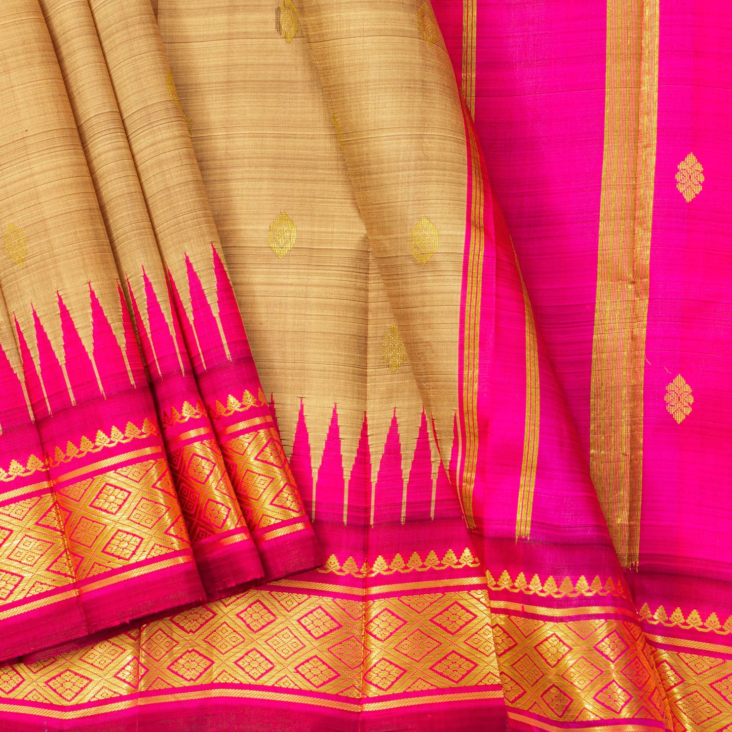 Beige And Pink Thirubuvanam Silk Saree With Thazhampoo Border For Festive Wear  PV 2057