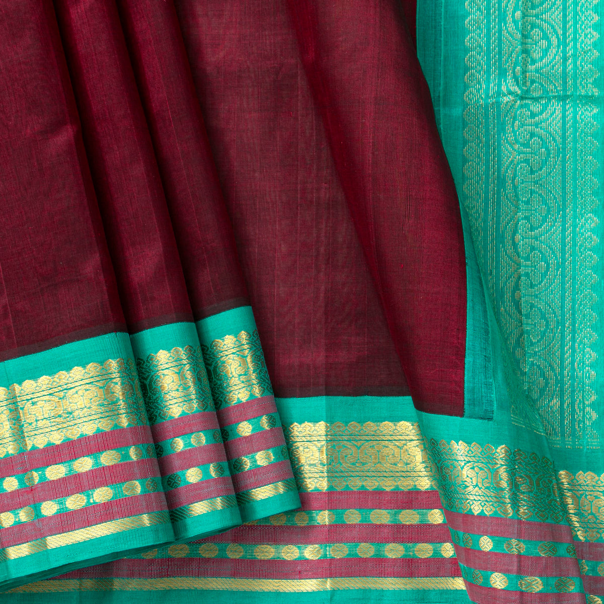 Maroon And Sea Green Kanchi Silk Cotton Saree For Festive Wear VP SC 209
