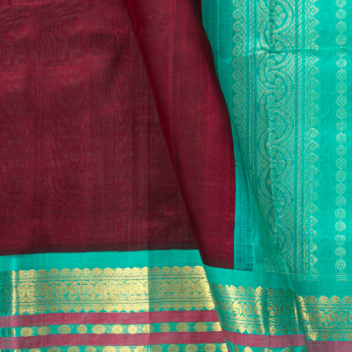 Maroon And Sea Green Kanchi Silk Cotton Saree For Festive Wear VP SC 209