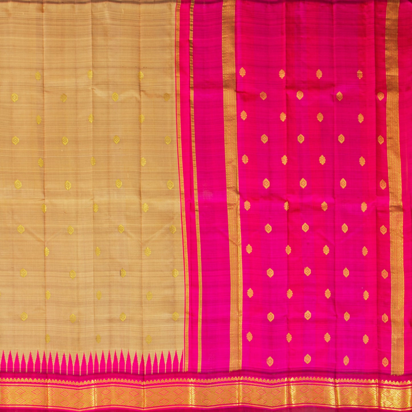 Beige And Pink Thirubuvanam Silk Saree With Thazhampoo Border For Festive Wear  PV 2057