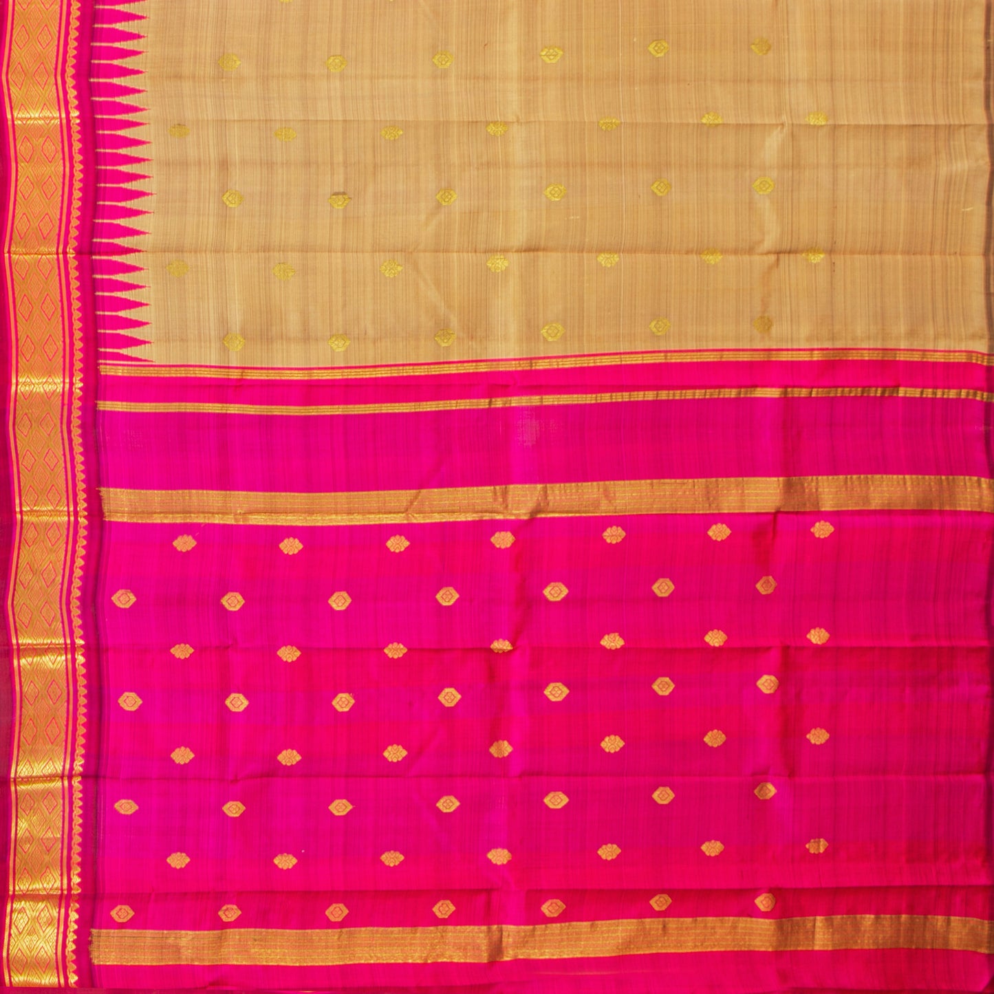 Beige And Pink Thirubuvanam Silk Saree With Thazhampoo Border For Festive Wear  PV 2057