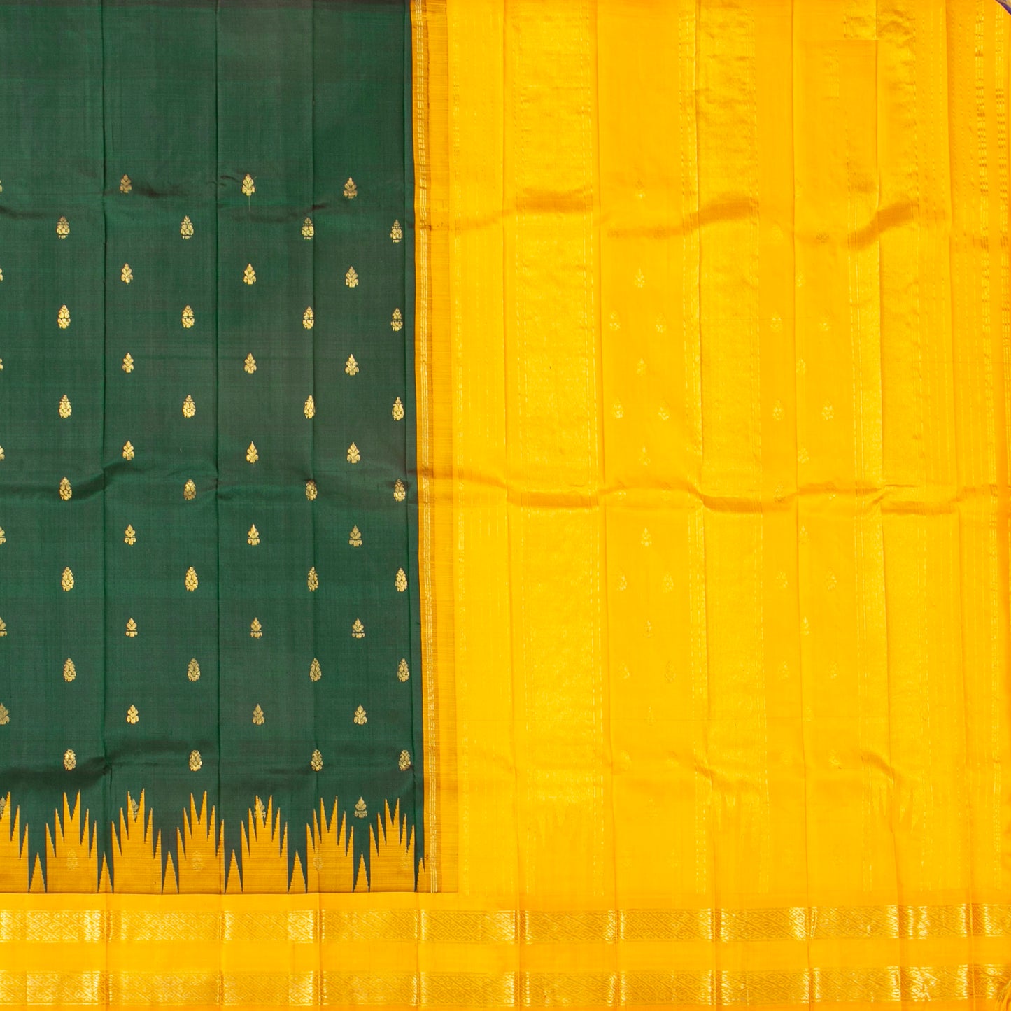 Green And Yellow Thirubuvanam Silk Saree For Festive Wear PV 2058