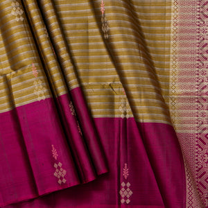 Mustard And Magenta Handwoven Soft Silk Saree With Silver Zari Stripes For Wedding Wear PV RSP 177