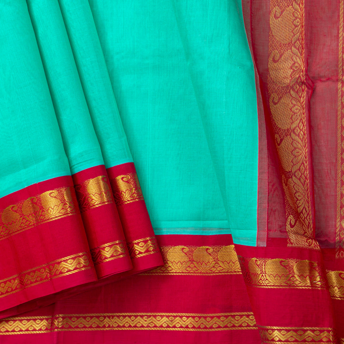 Turquoise Blue And Red Kanchi Silk Cotton Saree For Festive Wear VP SC 210