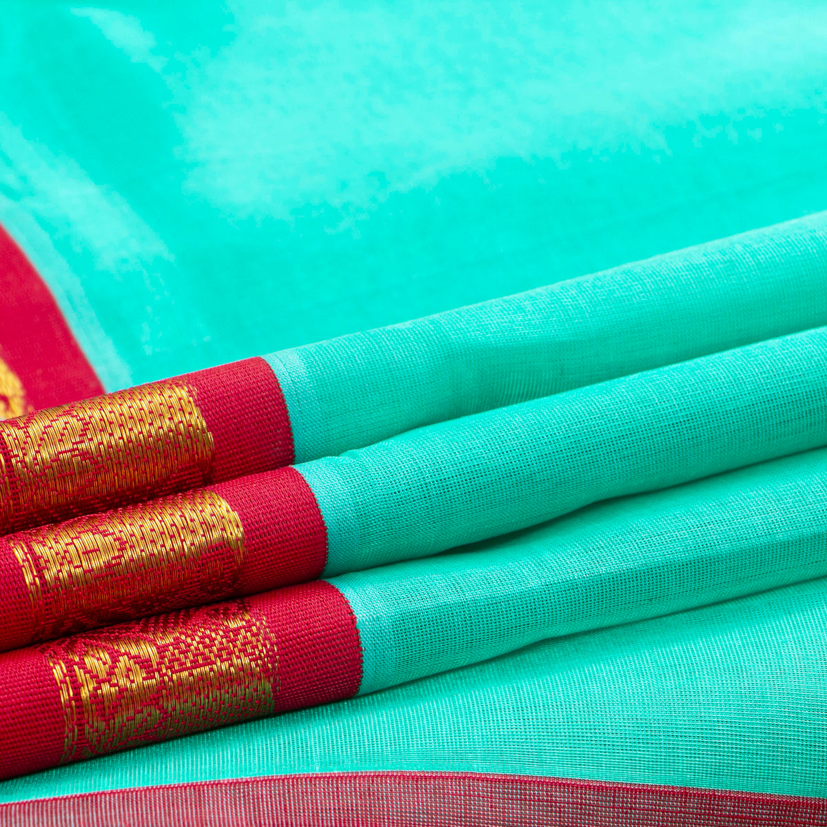 Turquoise Blue And Red Kanchi Silk Cotton Saree For Festive Wear VP SC 210