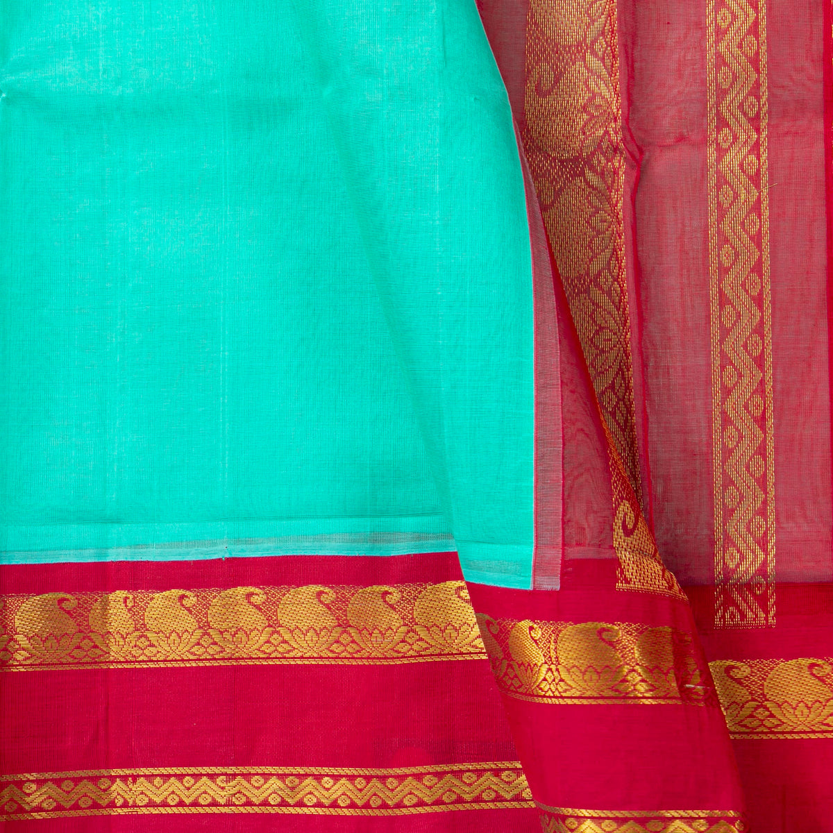 Turquoise Blue And Red Kanchi Silk Cotton Saree For Festive Wear VP SC 210