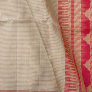 Beige And Red Borderless Handwoven Soft Silk Saree With Gold Zari For Festive Wear PV RSP 184