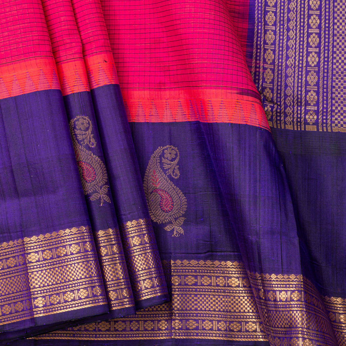 Pink And Blue Kanchi Silk Cotton Saree For Festive Wear VP SC 251