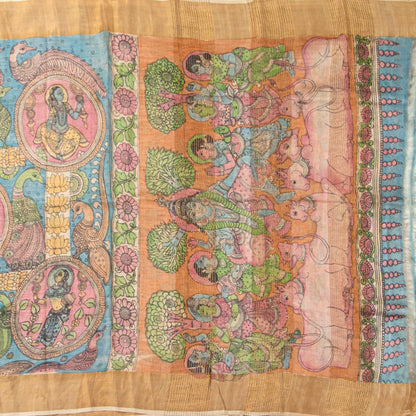 Blue Handpainted Kalamkari Tussare Silk Saree With Zari Border PTK VSR 129