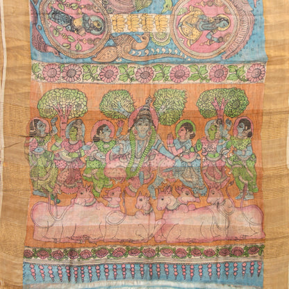 Blue Handpainted Kalamkari Tussare Silk Saree With Zari Border PTK VSR 129