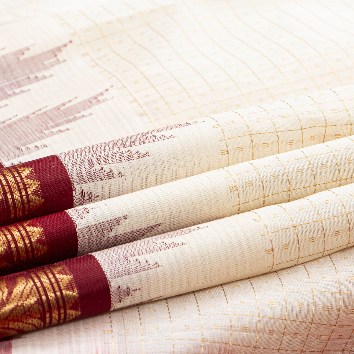 Off White And Maroon Kanchi Silk Cotton Saree For Festive Wear VP SC 204