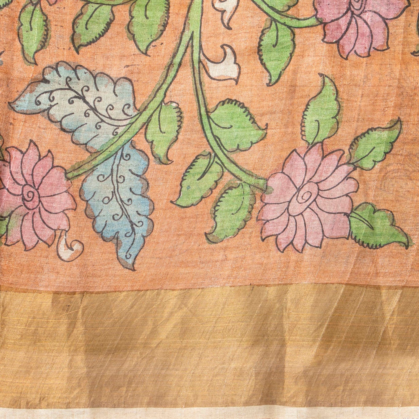 Blue Handpainted Kalamkari Tussare Silk Saree With Zari Border PTK VSR 129