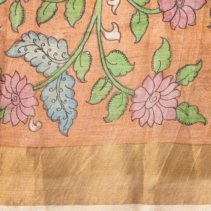 Blue Handpainted Kalamkari Tussare Silk Saree With Zari Border PTK VSR 129