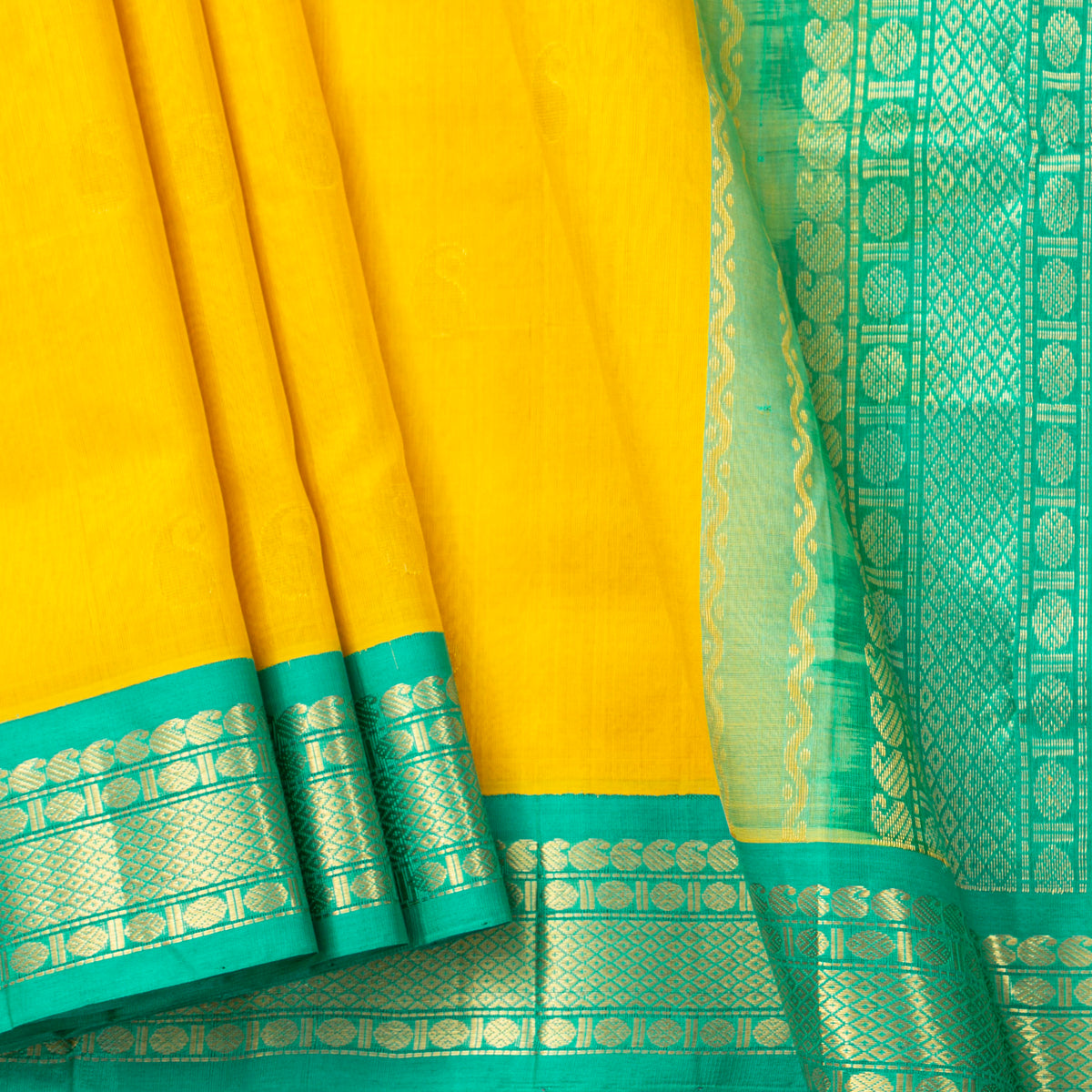 Yellow And Sea Green Kanchi Silk Cotton Saree For Festive Wear VP SC 193