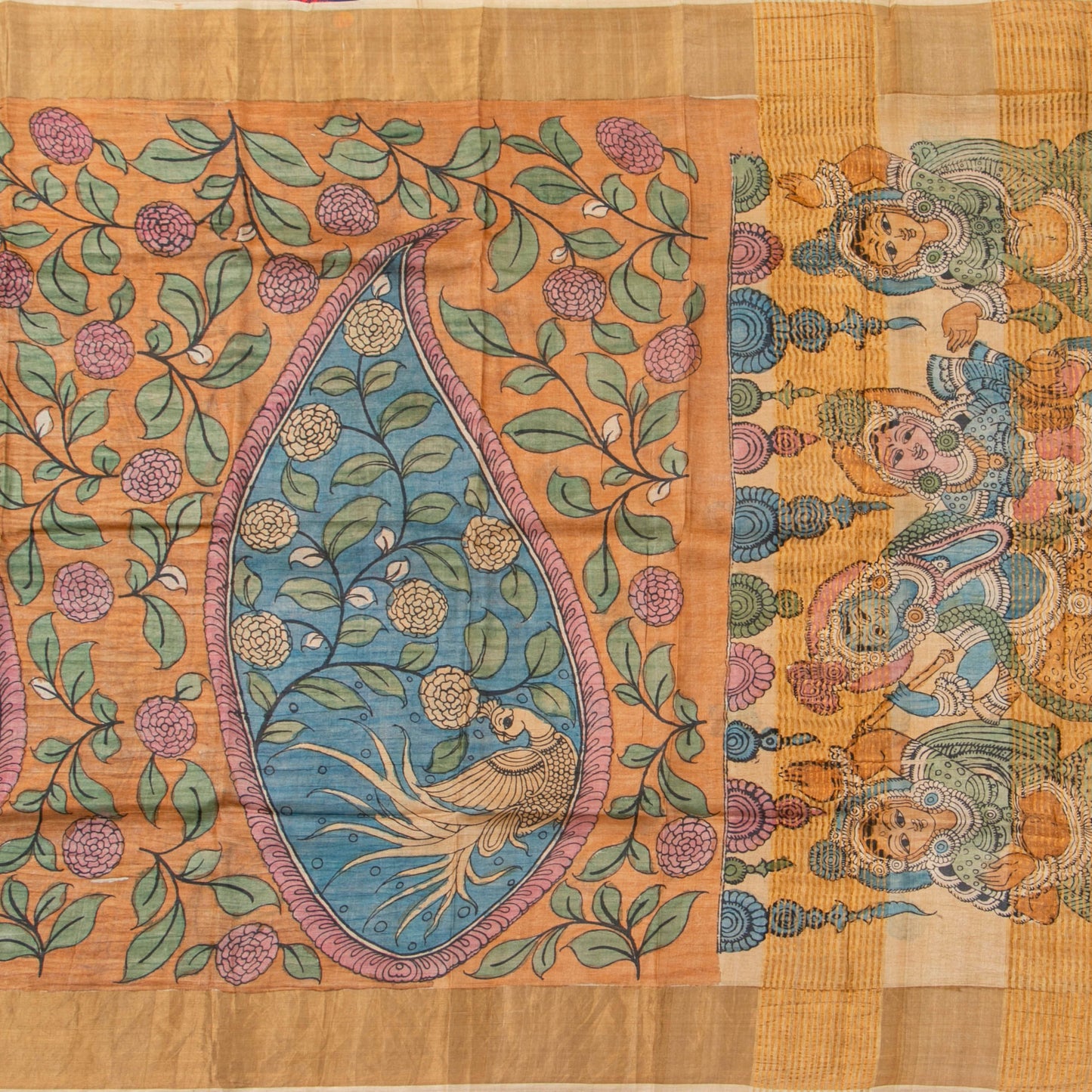 Orange Handpainted Kalamkari Tussare Silk Saree With Zari Border PTK VSR 131