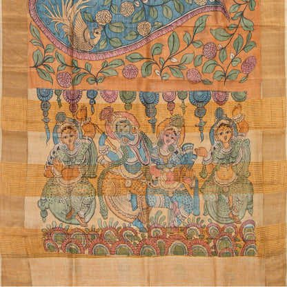 Orange Handpainted Kalamkari Tussare Silk Saree With Zari Border PTK VSR 131