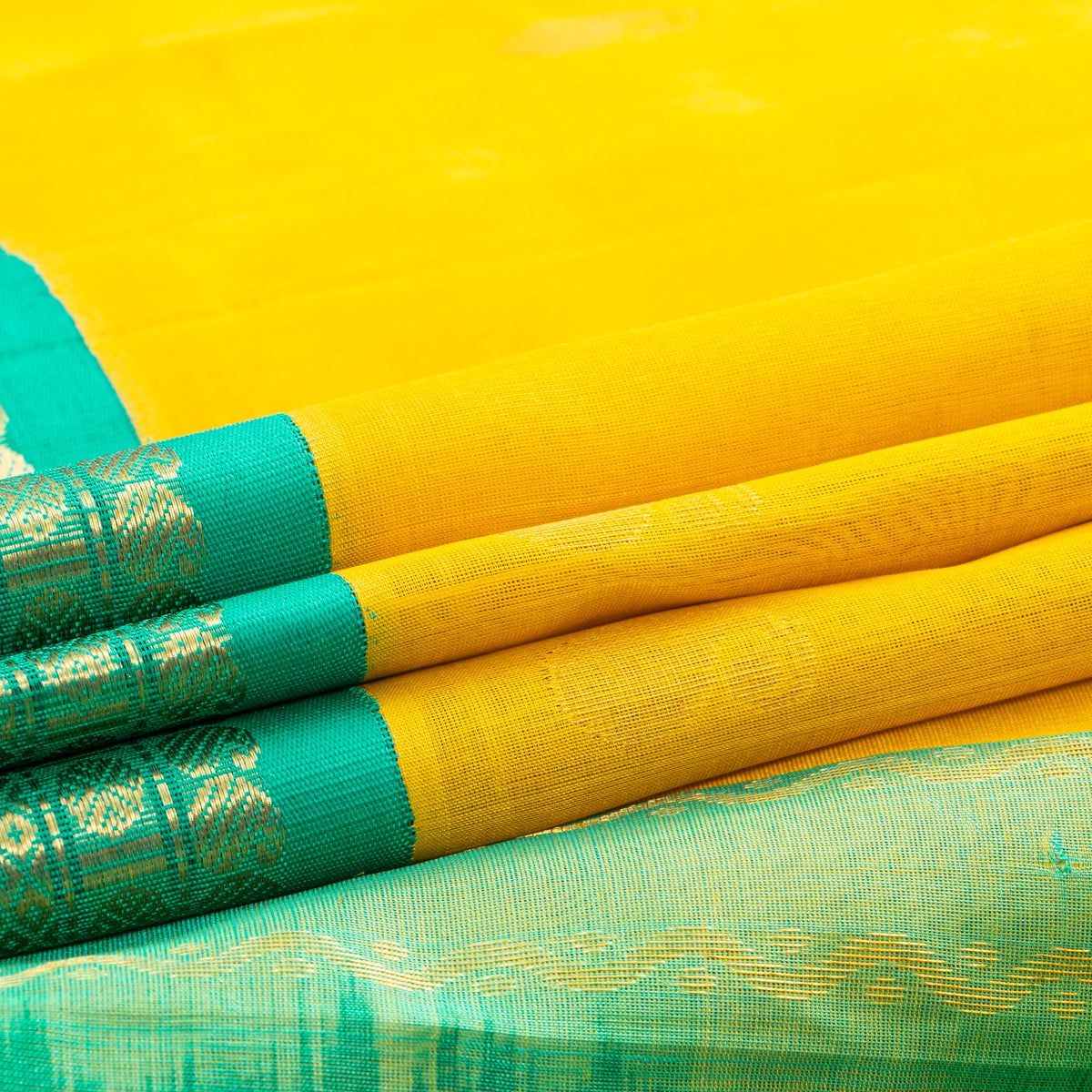 Yellow And Sea Green Kanchi Silk Cotton Saree For Festive Wear VP SC 193