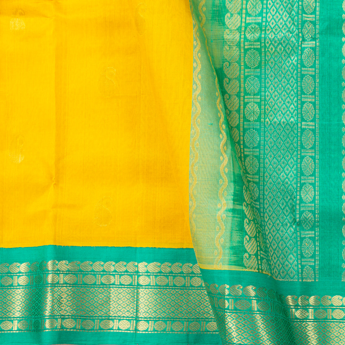 Yellow And Sea Green Kanchi Silk Cotton Saree For Festive Wear VP SC 193