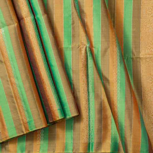 Green Mustard And Tan Stripes Soft Silk Saree With Antique Gold Zari For Festive Wear PV RSP 209