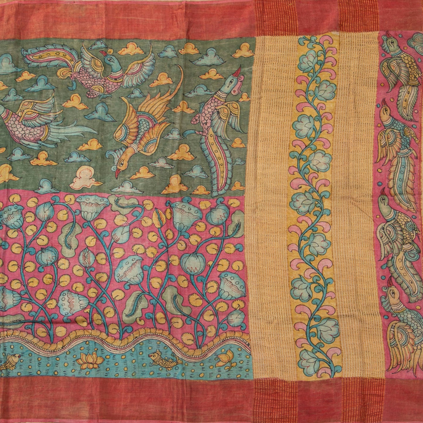 Green Handpainted Kalamkari Tussar Silk Saree With Zari Border PTK VSR 130