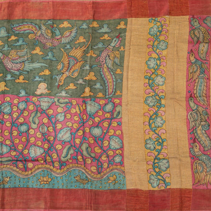 Green Handpainted Kalamkari Tussar Silk Saree With Zari Border PTK VSR 130