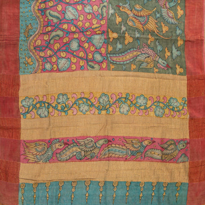 Green Handpainted Kalamkari Tussar Silk Saree With Zari Border PTK VSR 130