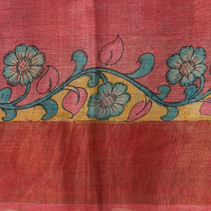 Green Handpainted Kalamkari Tussar Silk Saree With Zari Border PTK VSR 130