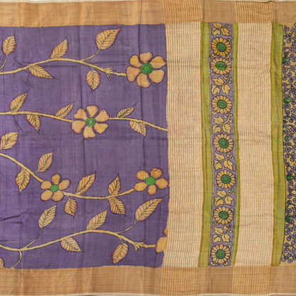 Mauve Handpainted Kalamkari Tussar Silk Saree With Zari Border PTK VSR 128