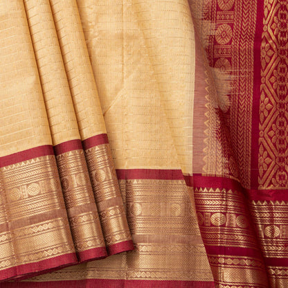 Beige And Maroon Kanchi Silk Cotton Saree For Festive Wear VP SC 256